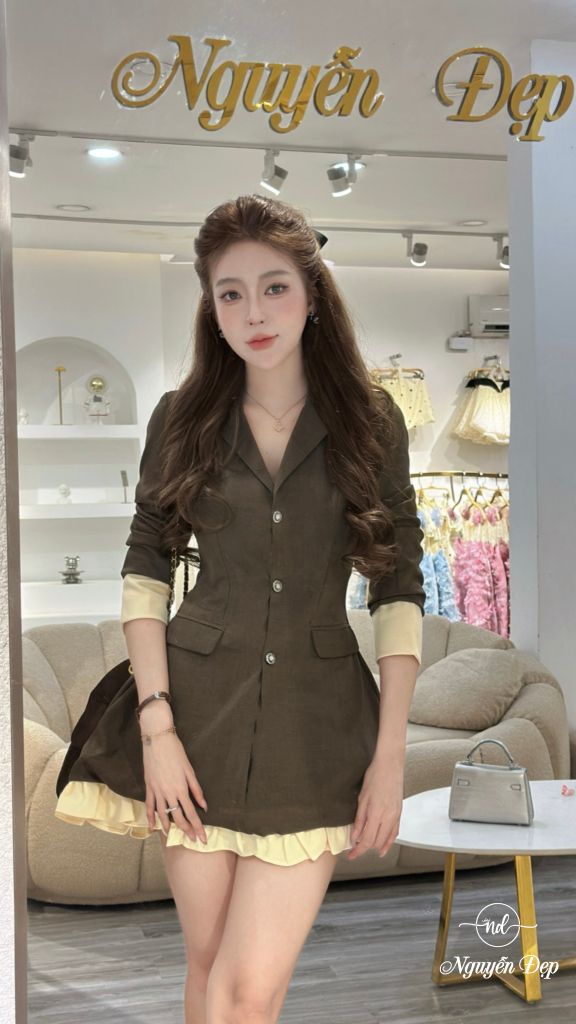 Đầm sơ mi dài tay phối bèo nút đá (J04)