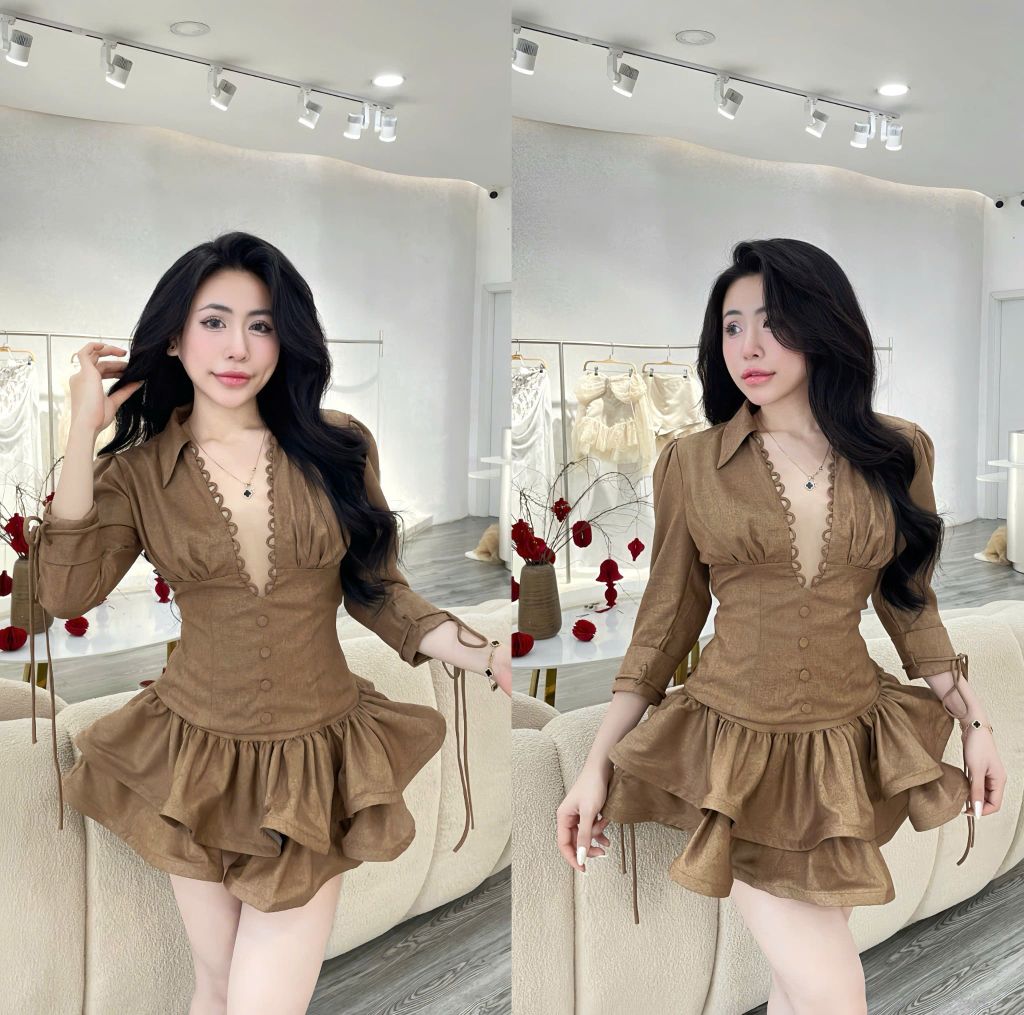 Set áo cổ V phối chân váy bồng (O45)