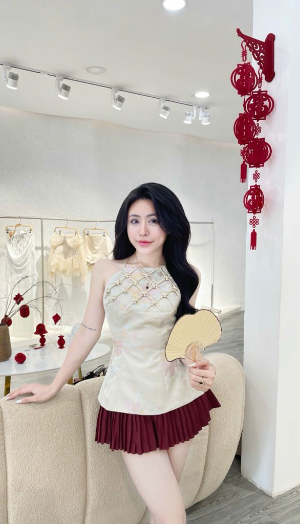 Set áo yếm đan dây 3D phối chân váy xếp li (P44)