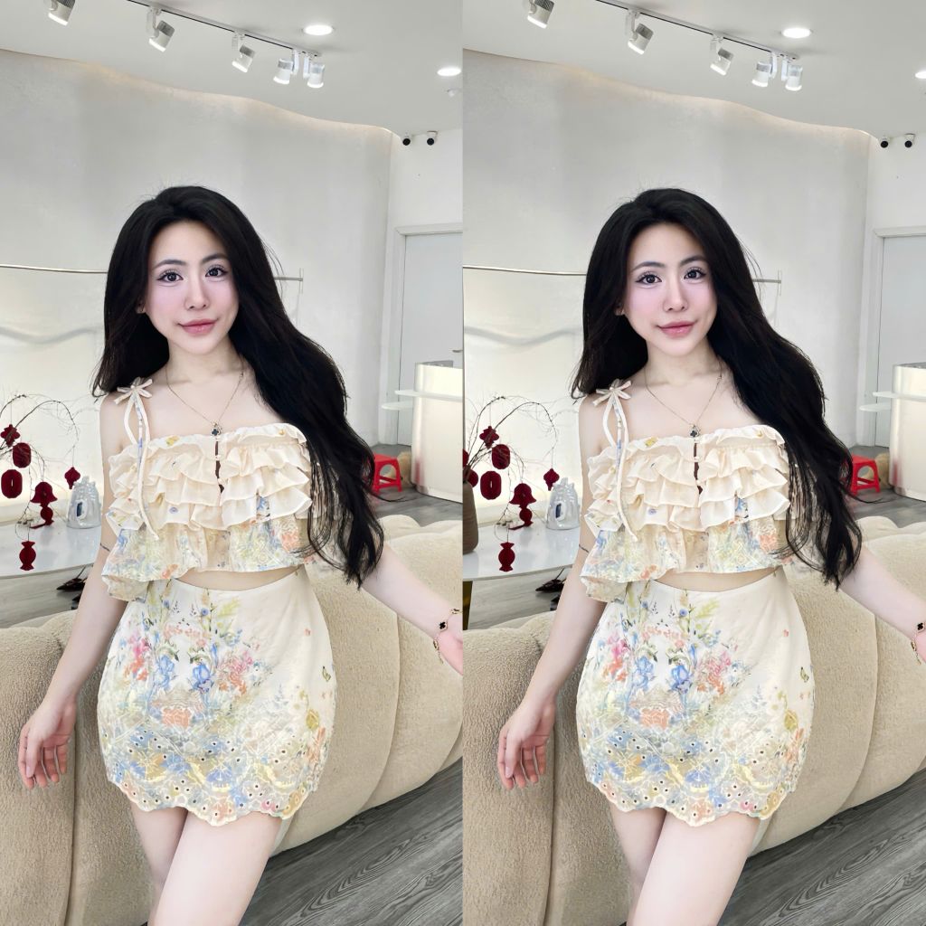 Set Áo Hai Dây Phối Bèo Cùng Chân Váy Ngắn Vải Xô Ren (P32)