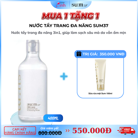 Bộ Nước Tẩy Trang Dịu Nhẹ SUM37 Skin Saver Essential Pure Cleansing Water Tặng Sữa Rửa Mặt