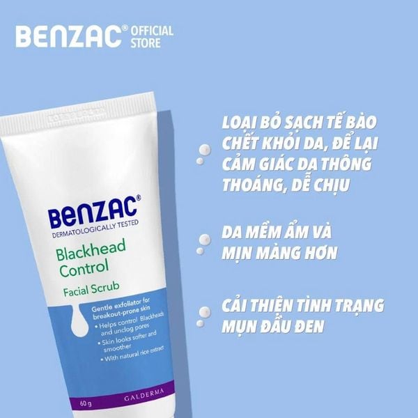 Tẩy tế bào chết giúp làm sạch mụn đầu đen cho da dầu mụn BENZAC Blackhead Control Scrub 60G