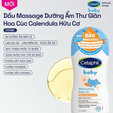 Dầu massage dưỡng ẩm làm dịu da bé với hoa cúc Calendula Hữu Cơ Cetaphil Baby Moisturising Baby Oil 200ml