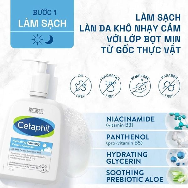Sữa rửa mặt tạo bọt mịn dịu lành cho da nhạy cảm Cetaphil Hydrating Foaming Cream Cleanser