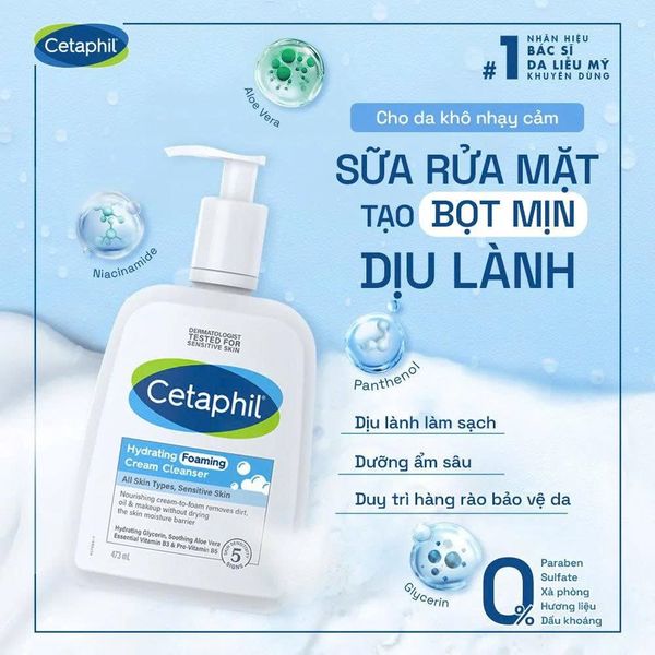 Sữa rửa mặt tạo bọt mịn dịu lành cho da nhạy cảm Cetaphil Hydrating Foaming Cream Cleanser