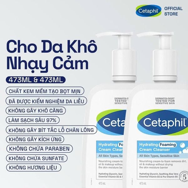 Sữa rửa mặt tạo bọt mịn dịu lành cho da nhạy cảm Cetaphil Hydrating Foaming Cream Cleanser