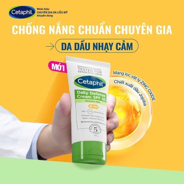 Kem chống nắng dưỡng ẩm 2in1 nâng tông tự nhiên cho da thiên dầu nhạy cảm Cetaphil Daily Defense Cream SPF50 50G