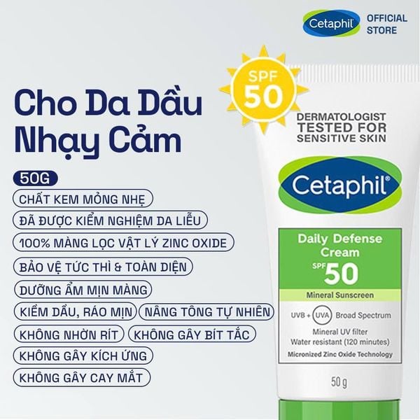 Kem chống nắng dưỡng ẩm 2in1 nâng tông tự nhiên cho da thiên dầu nhạy cảm Cetaphil Daily Defense Cream SPF50 50G