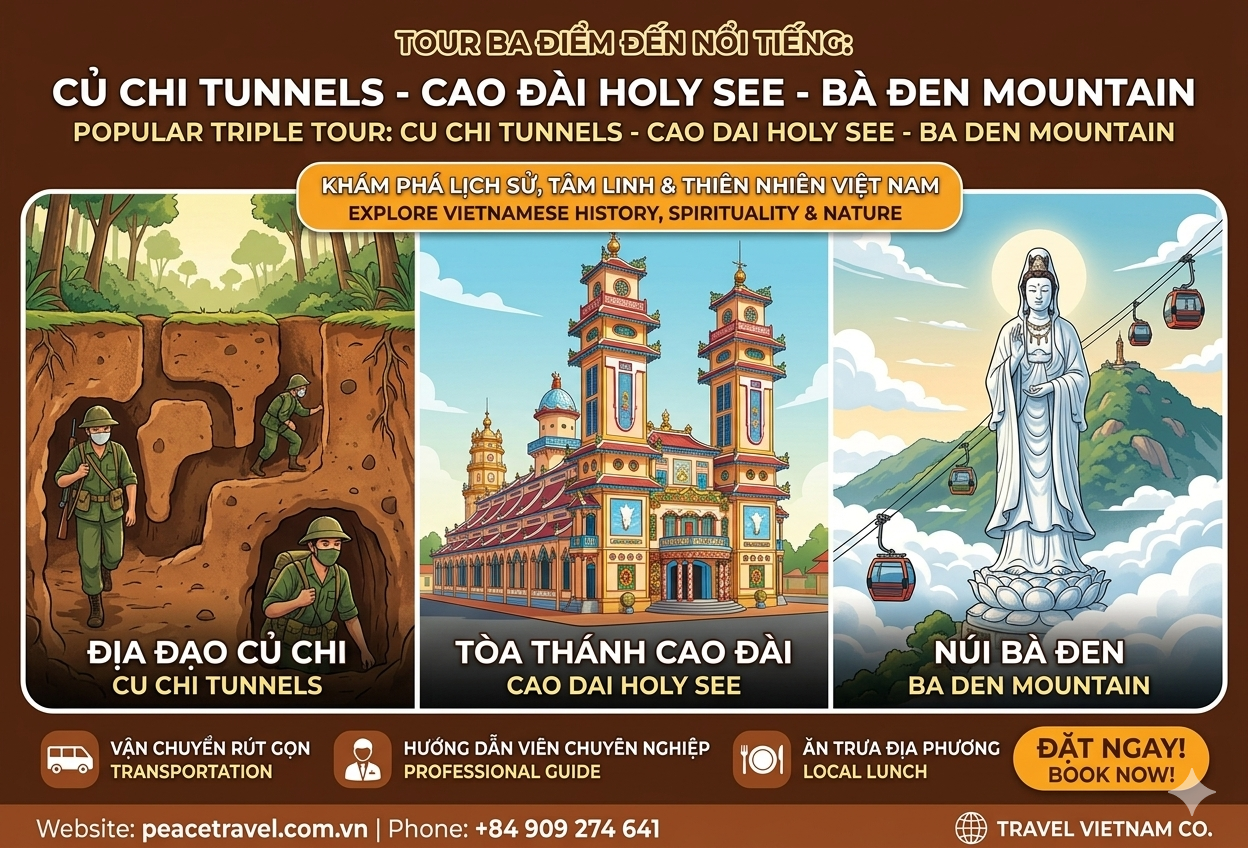  Cu Chi Tunnels & Cao Dai Holy See & Ba Den Mountain with cable car 