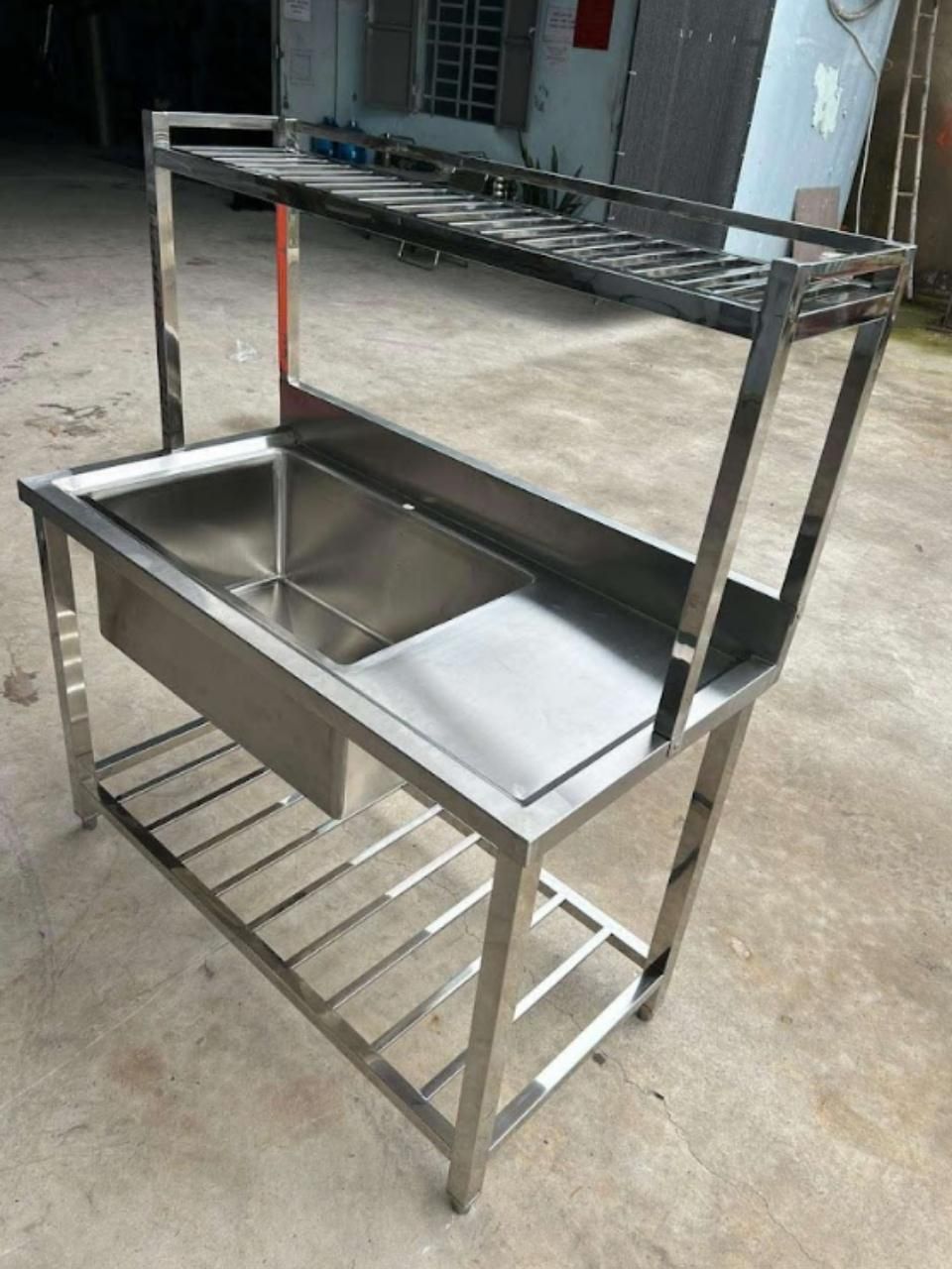  Chậu Rửa Inox Công Nghiệp 1 Hộc Kèm Bàn & Kệ Đa Năng 
