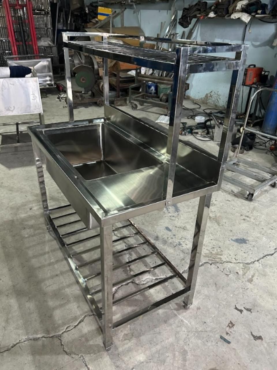  Chậu Rửa Inox Công Nghiệp 1 Hộc Kèm Bàn & Kệ Đa Năng 