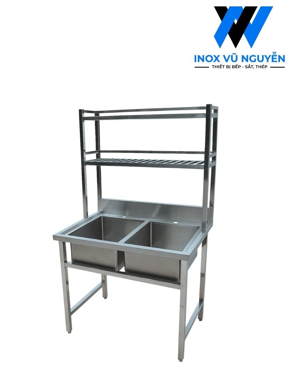  Chậu Rửa Inox Công Nghiệp 2 Hộc Kèm Kệ 2 Tầng 