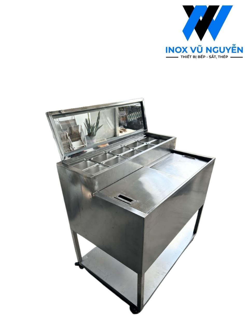  Quầy Giữ Lạnh Topping Trà Sữa Inox 10 Khay 1/9 | Quầy Pha Chế Có Thùng Đá | Thiết Bị Inox Quán Trà Sữa 