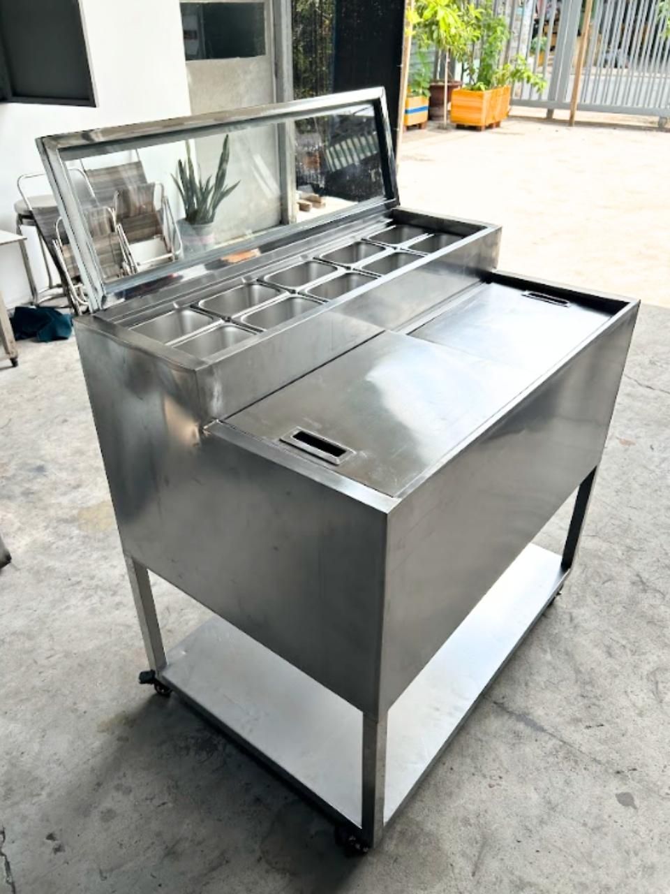  Quầy Giữ Lạnh Topping Trà Sữa Inox 10 Khay 1/9 | Quầy Pha Chế Có Thùng Đá | Thiết Bị Inox Quán Trà Sữa 
