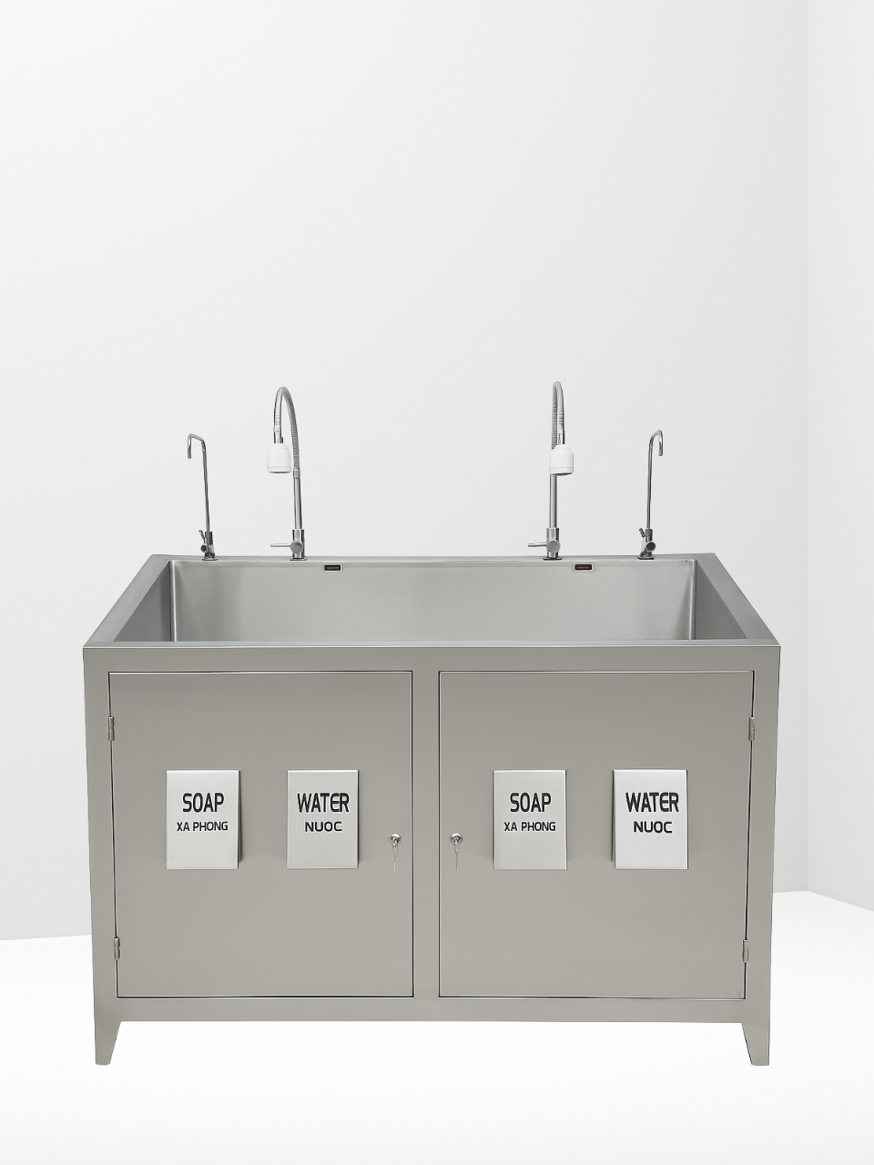  Chậu Rửa Tay Sát Khuẩn 2 Vòi Inox, Cảm Ứng Nước, Gối Nhấn Xà Phòng và Nước 