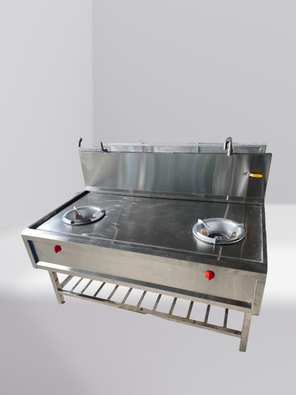  Bếp Á Công Nghiệp 2 Họng Inox Tích Hợp 2 Vòi Nước & Khe Thoát Nước 