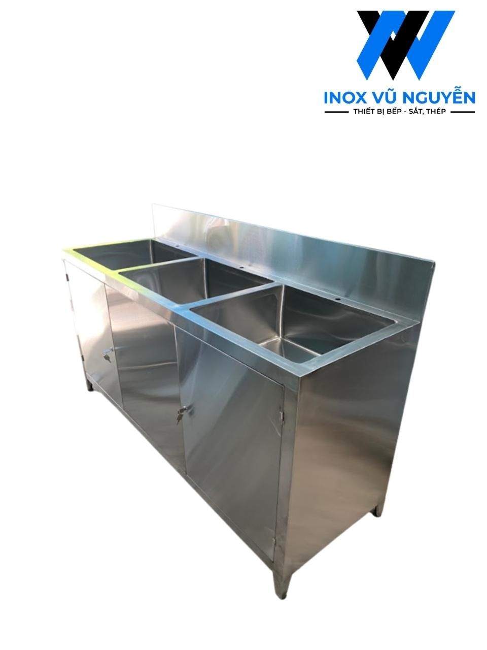 Bồn Rửa Ngâm Dụng Cụ Y Tế 3 Hộc Inox | Bàn Thao Tác Trái Phải | Kích Thước 1800 mm 