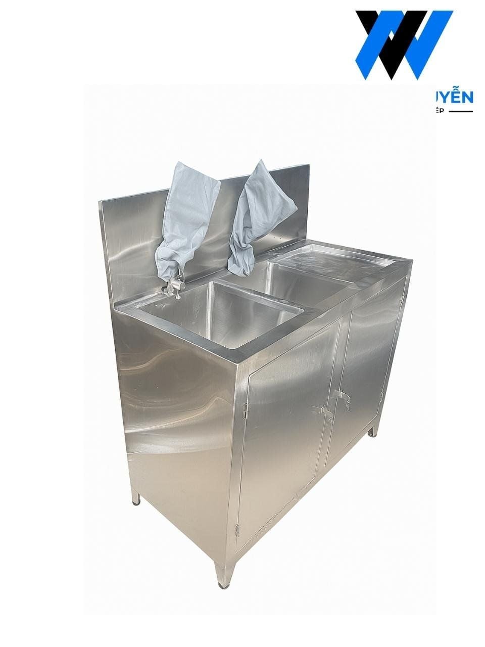  Bồn Rửa Ngâm Dụng Cụ Y Tế 2 Hộc Inox Tích Hợp Gối Nhấn Nước & Chắn Nước | Bàn Thao Tác 