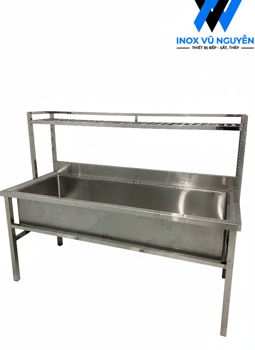  Chậu Rửa Inox Công Nghiệp Dài 1m5 Kèm Kệ Đa Năng 