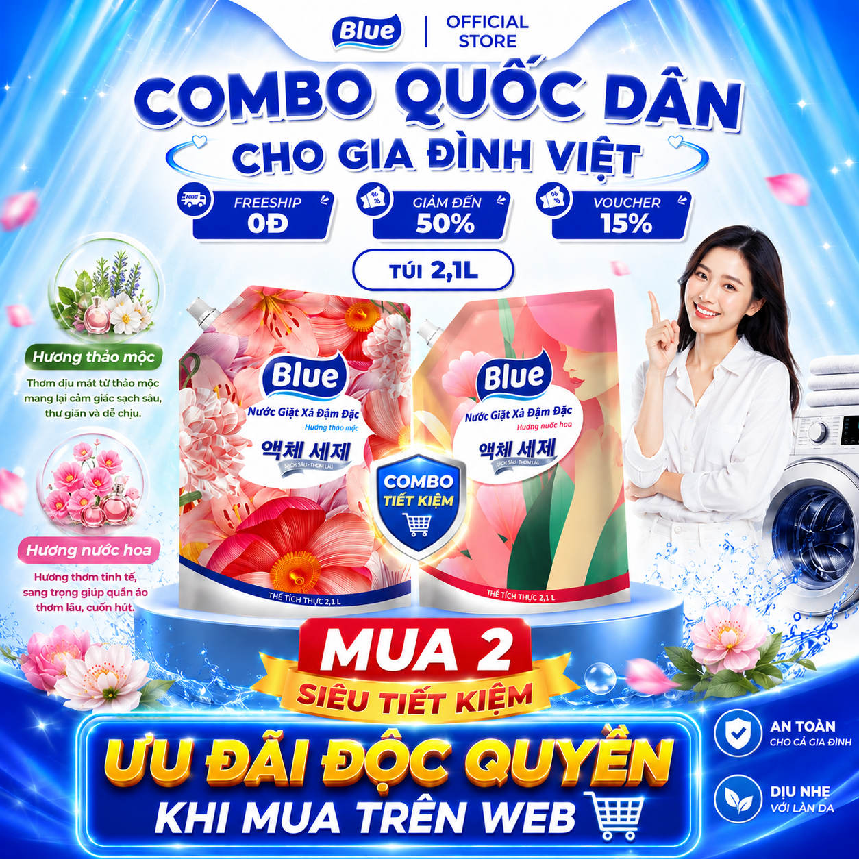  Combo 2 Túi Nước Giặt Xả Đậm Được Hương Nước Hoa/Hương Thảo Mộc - Túi 2.1L 