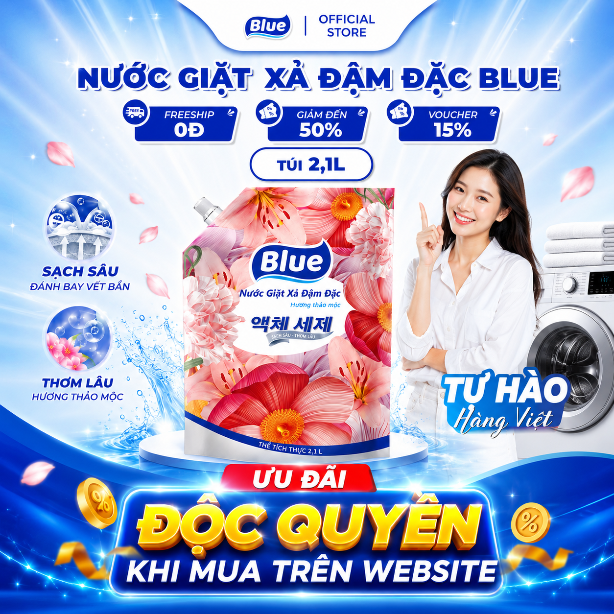  Nước Giặt Xả Hàn Quốc Cao Cấp Blue  Hương Thảo Mộc - Túi 2.1L 