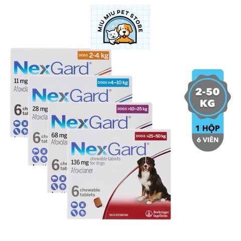  NexGard (Hộp 6 viên) - Viên nhai phòng & trị ve, rận, bọ chét, ghẻ demodex, sarcoptes dành cho Chó 
