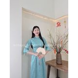  Áo dài Gấm Xanh Thiên Thanh cổ truyền thống tay nơ xinh Xinh 