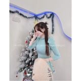  Áo dài Dập Vân Xanh Min cổ truyền thống bèo xinh xắn 