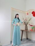  Áo dài Gấm Xanh Thiên Thanh cổ truyền thống tay nơ xinh Xinh 