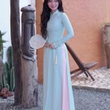  Áo dài Gấm Tơ Tằm Xanh Thiên Thanh Đính Nút cao cấp 