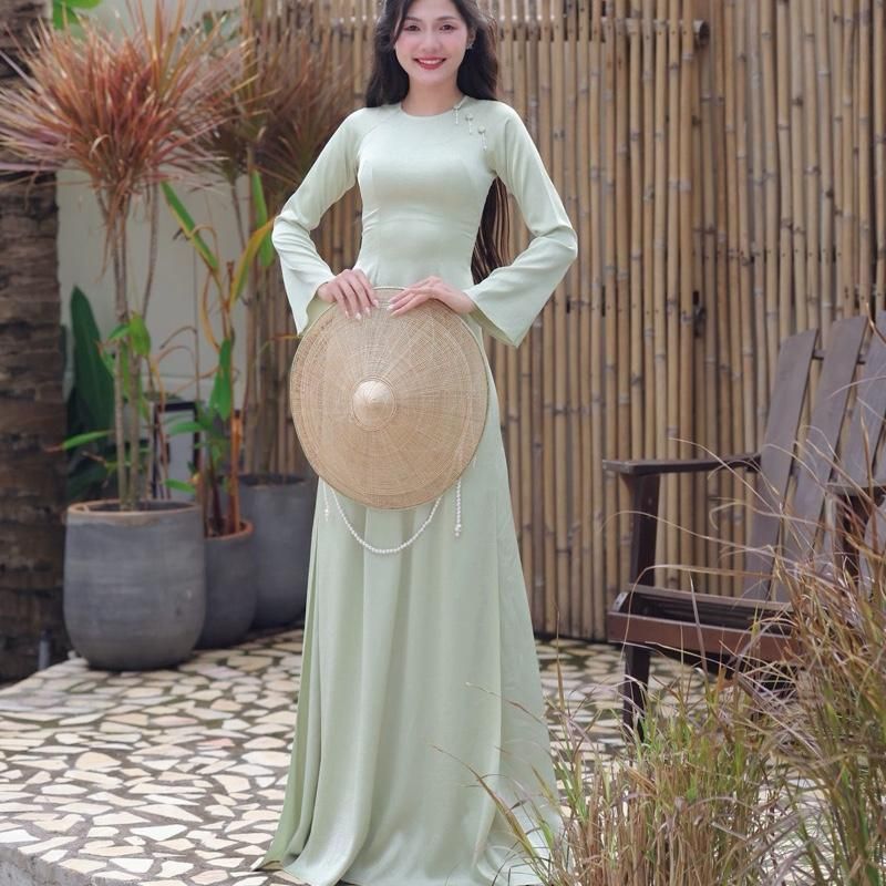  Áo dài Xanh Non Tằm Gãy Tay Loe Dài Cao Cấp 