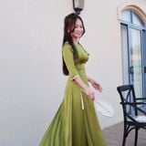 Áo dài XANH RAU MÁ cổ yếm viền ren 