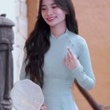  Áo dài Gấm Tơ Tằm Xanh Thiên Thanh Đính Nút cao cấp 