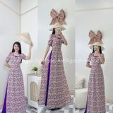  Áo dài Nhí Tím Lụa Cổ Vuông Viền Nơ Tím 