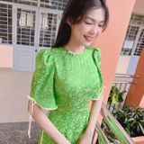  Áo dài Gấm Xanh Lá Khuy Dây Tay Nơ 