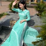  Áo dài Gấm Xanh Ngọc Cổ Sen Nơ Thỏ 