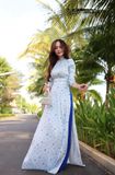  Áo dài Gấm Xanh Da Trời In Họa Tiết dễ thương 