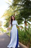  Áo dài Gấm Xanh Da Trời In Họa Tiết dễ thương 