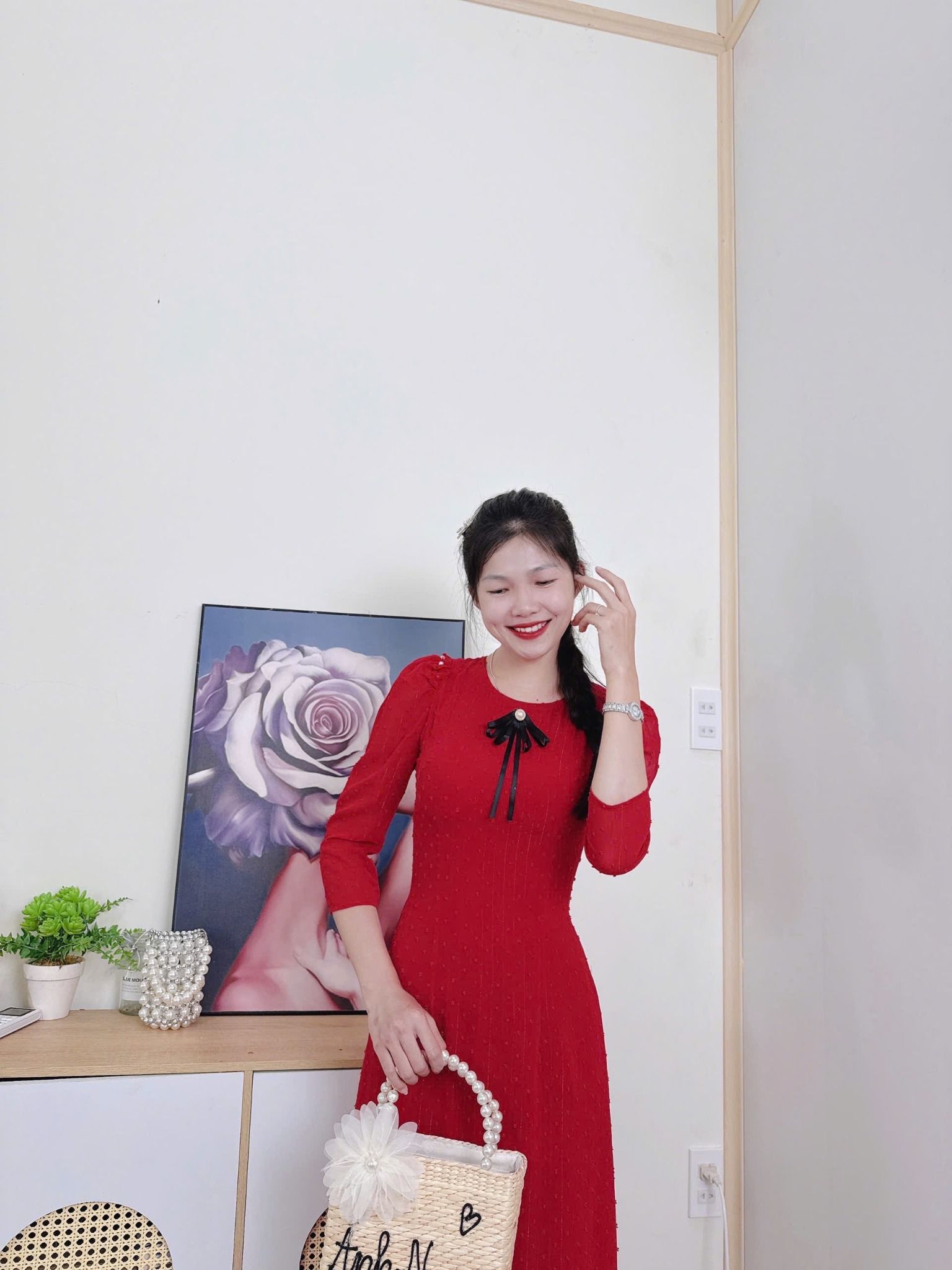  Áo Dài đỏ sậm 4 tà 