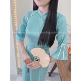  Áo dài Gấm Xanh Thiên Thanh cổ truyền thống tay nơ xinh Xinh 