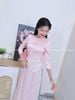  Áo Dài gấm hồng dâu nơ 