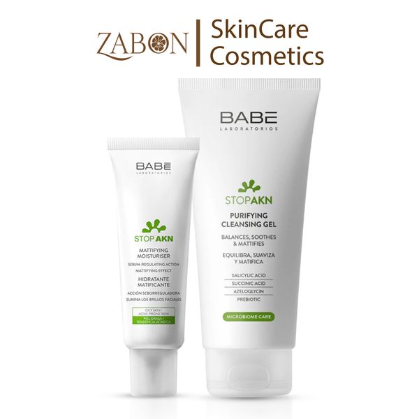 Bộ đôi làm sạch và dưỡng ẩm, giảm mụn, giảm nhờn BABE Stop AKN Purifying Cleansing Gel + Mattifying Moisturiser 50ml