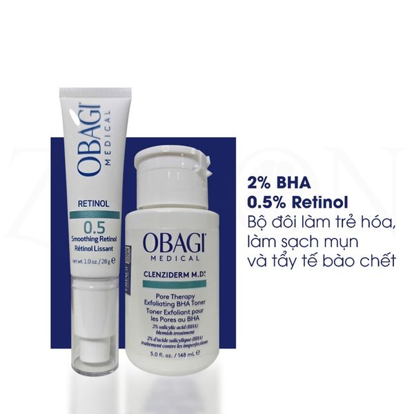 Bộ đôi dưỡng da Dung dịch Obagi Clenziderm M.D BHA Toner 148ml và Kem chống lão hóa & Tái tạo da 360 Retinol 0.5 New 28g