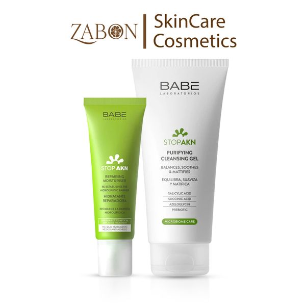 Bộ đôi làm sạch và phục hồi da dầu mụn BABE Stop AKN Purifying Cleansing Gel + Repairing Moisturiser 50ml