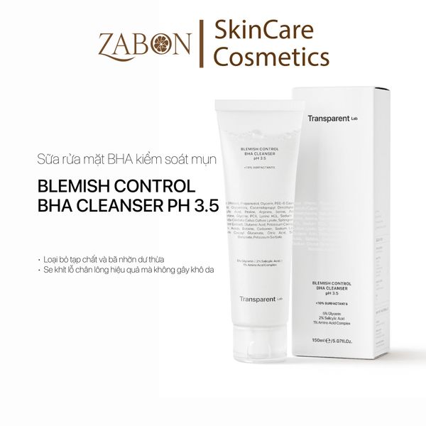 Sữa rửa mặt TRANSPARENT BLEMISH CONTROL BHA CLEANSER PH 3.5 kiểm soát mụn 150ml