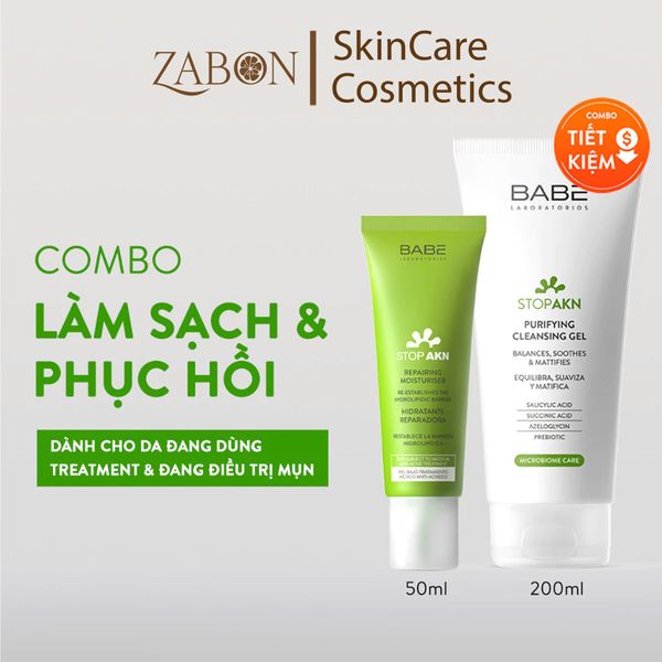 Bộ đôi làm sạch và phục hồi da dầu mụn BABE Stop AKN Purifying Cleansing Gel + Repairing Moisturiser 50ml
