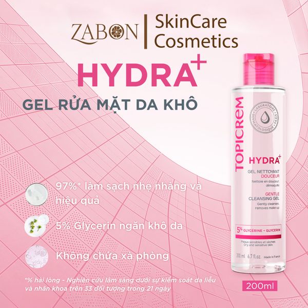 Gel rửa mặt Topicrem HYDRA+ Gentle Cleansing Gel không chứa xà phòng dành cho da khô và nhạy cảm 200ml
