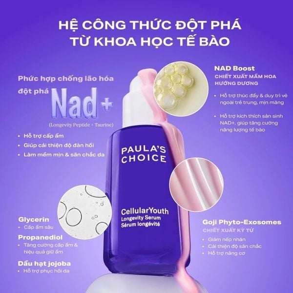 Tinh chất Paula’s Choice NAD+ CellularYouth Longevity Serum cấp ẩm, hỗ trợ da sáng mịn, đều màu 30ml