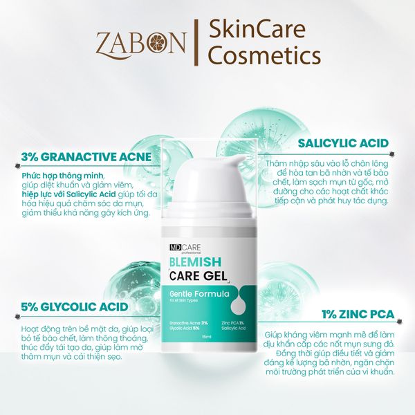 Gel Chấm Mụn MD CARE Blemish Care Gel Hỗ Trợ Làm Dịu Và Cải Thiện Mụn Viêm 15ml