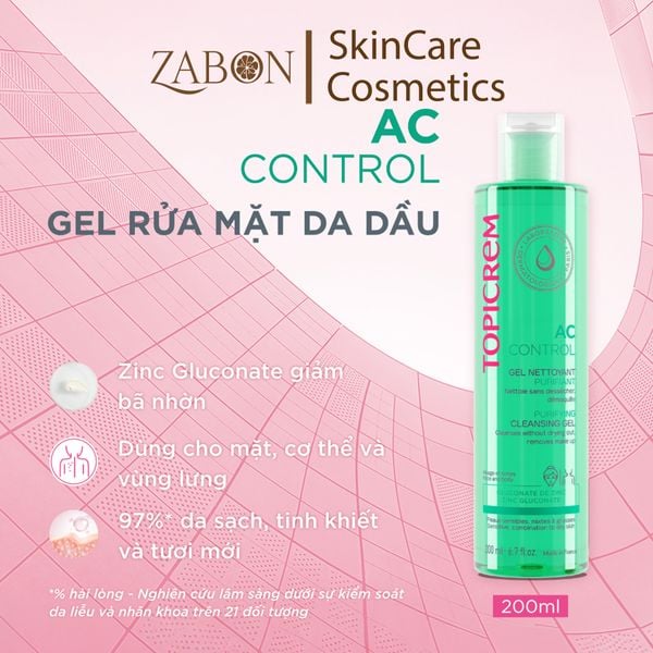 Gel rửa mặt Topicrem AC CONTROL Purifying Cleansing Gel - Rửa mặt nhẹ nhàng, không chứa xà phòng 200ml